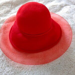 Bollman Cherry Red 100% Wool Felt With Organza Brim Sunday Church Hat